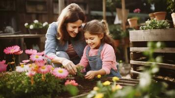 sorridente madre e figlia prendere cura di fiori mentre giardinaggio a azienda agricola ai generato foto