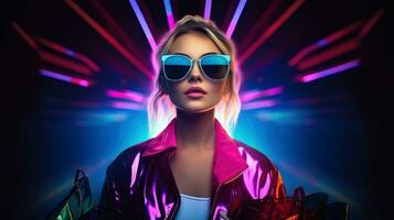 donna nel neon leggero cyberpunk buio sfondo con shopping borse nel nero venerdì, informatica Lunedi i saldi concetto ai generato foto