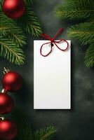 moderno regalo etichetta per Natale vacanza modello su grigio nero sfondo ai generato foto