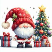 carino gnomo Santa Claus mano disegnare cartone animato stile, regalo scatola e Natale albero su bianca sfondo, acquerello foto