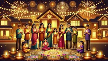 un' festivo scena con famiglie illuminazione contro un' fondale di decorato le case e fuochi d'artificio. ai generativo foto