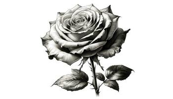 un' nero e bianca schizzo di un elegante rosa nel pieno fioritura. ai generato foto