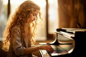 ragazza giochi pianoforte nel luce. creare ai foto