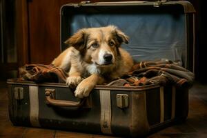 avventuroso cane sedersi a Aperto valigia. vacanza viaggio foto