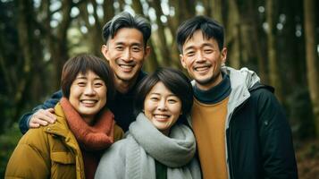 asiatico di mezza età famiglia pose felicemente. generativo ai foto