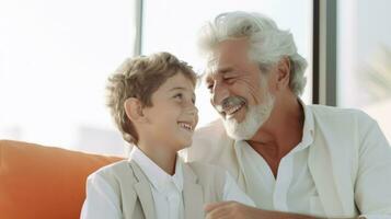 vecchio uomo e il suo poco nipote avendo divertimento insieme dentro il Casa. generativo ai foto