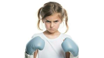 un arrabbiato ragazza con un' blu boxe guanto su sua viso. generativo ai foto