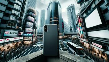 avvicinamento tiro di elegante smartphone nel un' distintivo urbano grigio e Tech nero disegno, indicando loro premio qualità per moderno dispositivi.. generativo ai foto