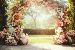 ai generato giardino arco con fiori foto