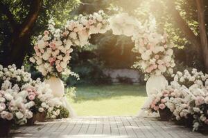 ai generato giardino arco con fiori foto