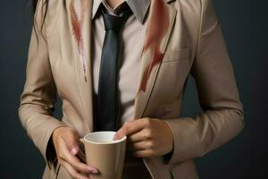 donna mostrando macchia di caffè sua giacca pulire. creare ai foto