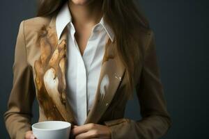 donna mostrando macchia di caffè sua ufficio giacca. creare ai foto