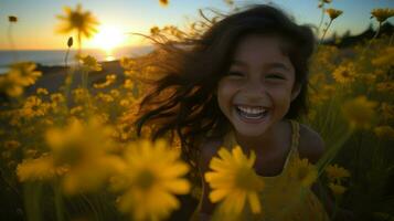 un' allegro ragazza con sua capelli soffiaggio nel il vento tra giallo fiori.. generativo ai foto