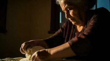 anziano donna impasto Impasto nel un' caldo cucina collocamento.. generativo ai foto
