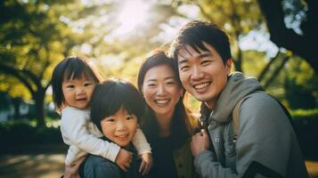 contento posa di un asiatico famiglia nel il parco tra il verde. generativo ai foto