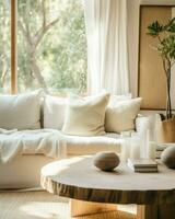 un' minimalista fotografia di un' bianca divano, accentuato di morbido cuscini e integrato di un' semplice caffè tavolo.. generativo ai foto