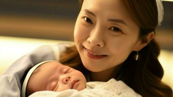 un asiatico madre e sua neonato bambino siamo molto vicino per ogni Altro.. generativo ai foto