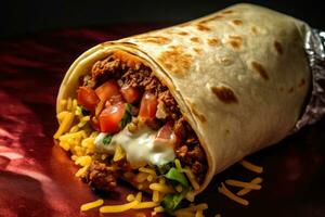 un' burrito su un' rosso sfondo ai generato foto