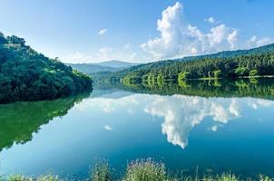 paesaggio della diga e del lago sulla montagna con alberi e foreste. foto