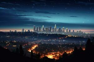 los angeles orizzonte a notte, California, unito stati di America, los angeles a notte, ai generato foto