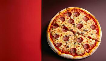 Pizza posizionato su il sinistra con un' rosso e nero sfondo ai creare foto