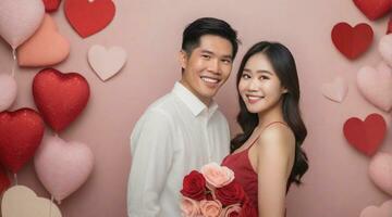 ritratto di un' contento asiatico coppia contro San Valentino giorno ambiente sfondo, sfondo Immagine, ai generato foto
