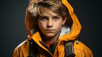 bambino ragazzo adolescente nel un' giallo inverno giacca su un' buio grigio sfondo foto