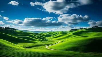 fresco verde paesaggio con cielo e colline e montagne , ai generato foto