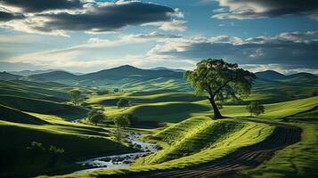 fresco verde paesaggio con cielo e colline e montagne , ai generato foto