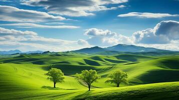 fresco verde paesaggio con cielo e colline e montagne , ai generato foto