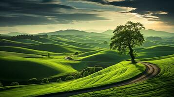 fresco verde paesaggio con cielo e colline e montagne , ai generato foto