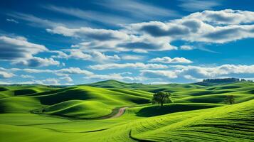 fresco verde paesaggio con cielo e colline e montagne , ai generato foto