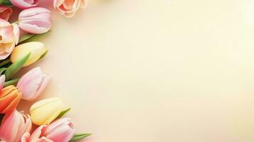 spazio per testo su pastello sfondo circondato di bellissimo decorativo tulipano fiori, sfondo Immagine, ai generato foto