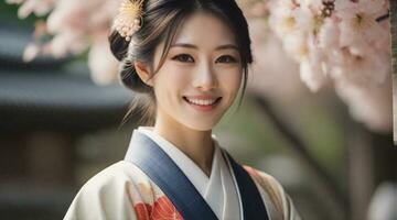 bellissimo sorridente giapponese femmina indossare tradizionale capi di abbigliamento ritratto con spazio per testo su il lato, sfondo Immagine, ai generato foto