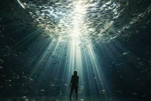 giovane uomo guardare a un' scuola di pesce nuoto nel il oceano, ai generato foto