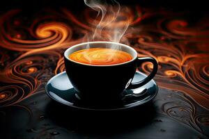 tazza di caffè su un' buio sfondo con Fumo e fuoco, svelare il fascino di caffè o tè attraverso macro fotografia. catturare ipnotizzante modelli, vortici, e il confortante, ai generato foto
