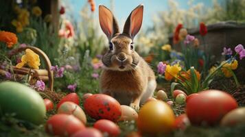 Pasqua coniglietto consegna colorato Pasqua uova, invitante testo per discutere il simbolismo di uova, sfondo Immagine, ai generato foto