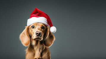 carino bianca cane con Natale cappello isolato su il minimalista sfondo foto