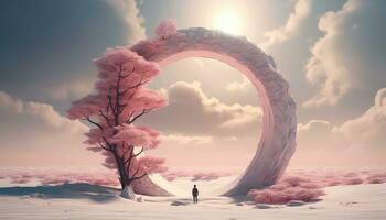 circolare Meraviglia con rosa nuvole e alberi ai generato foto