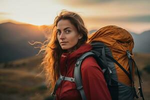 bellissimo donna escursionista con zaino escursioni a piedi nel il montagne a tramonto ai generato foto