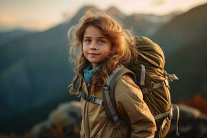 poco ragazza con zaino escursioni a piedi su montagna picco a tramonto, viaggio e avventura concetto ai generato foto