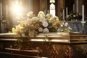 bellissimo fiori nel un' bara a un' funerale ai generato foto