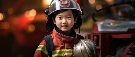 ritratto di contento asiatico ragazzo indossare pompiere uniforme con fuoco camion nel sfondo ai generato foto