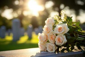 bianca fiori nel davanti di un' pietra sepolcrale a un' cimitero con tramonto.funerale concetto ai generato foto