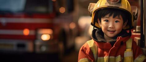 ritratto di contento asiatico ragazzo indossare pompiere uniforme con fuoco camion nel sfondo ai generato foto