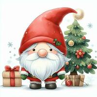 carino gnomo Santa Claus mano disegnare cartone animato stile, regalo scatola e Natale albero su bianca sfondo, acquerello foto