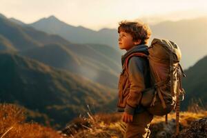 adorabile poco ragazzo con zaino escursioni a piedi nel montagne a tramonto. viaggio e attivo stile di vita concetto ai generato foto