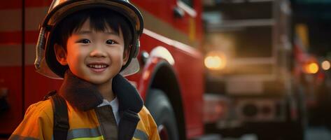 ritratto di contento asiatico ragazzo indossare pompiere uniforme con fuoco camion nel sfondo ai generato foto