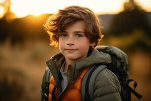 ritratto di un' carino ragazzo guardare a telecamera mentre vicino il suo tenda nel natura ai generato foto