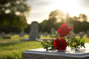 rosso Rose su un' tomba a un' cimitero durante il tramonto con copia spazio ai generato foto